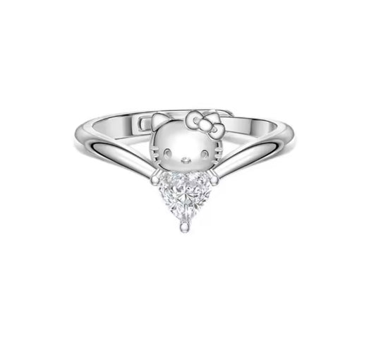 Anillo ajustable de diamantes de Hello Kitty (plata de ley 925)