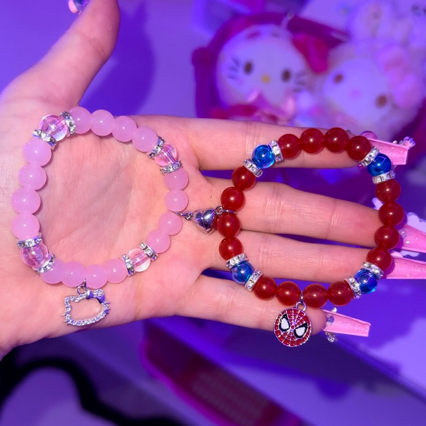 Diamond Kitty & Spider-Man Magnetic Heart Bracelet Set